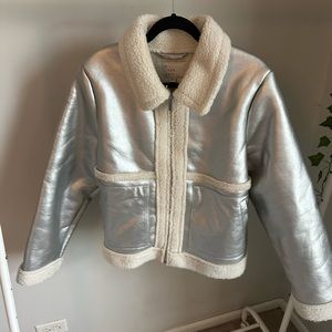 Silver faux leather jacket with Sherpa trim